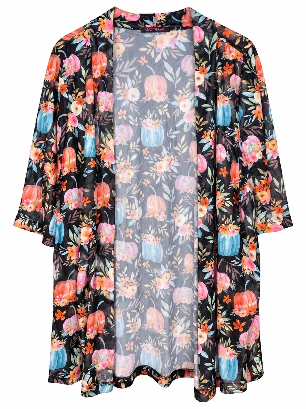 Crazy Train Black Floral & Pumpkin Kimono Robe with Pink Orange Blue Accents
